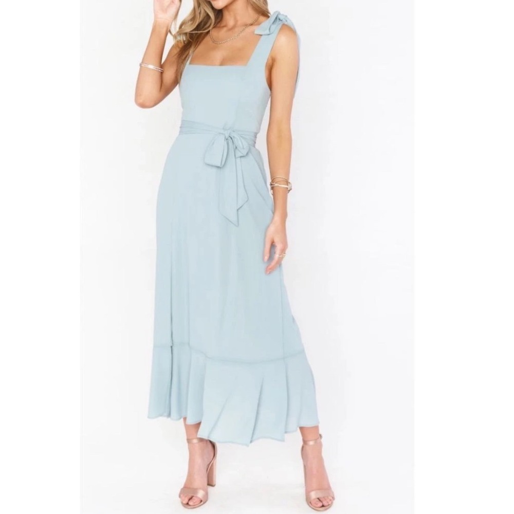 New Show Me Your Mumu Blue Smocked Square Neck Tie Shoulder Midi Dress XXS t2